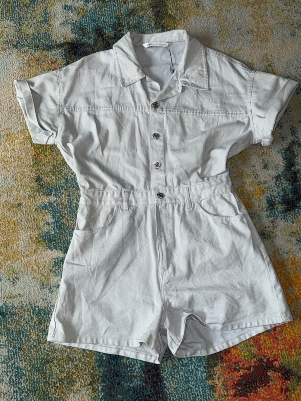 Zara White Short-Sleeve Romper metallic shimmer blueish grey - Picture 2 of 6